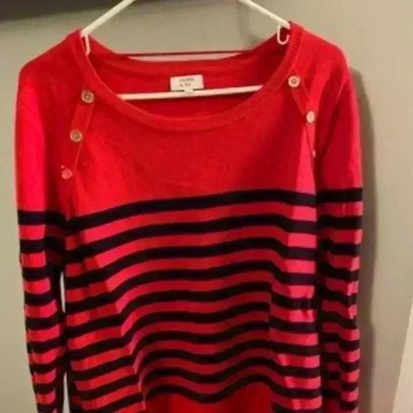 Red and black stripe Christmasy Crown and Ivy tartan sweater. Gold tone buttons. - Picture 2 of 5